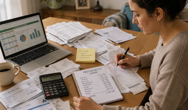 Persona organizando facturas y recibos sobre una mesa